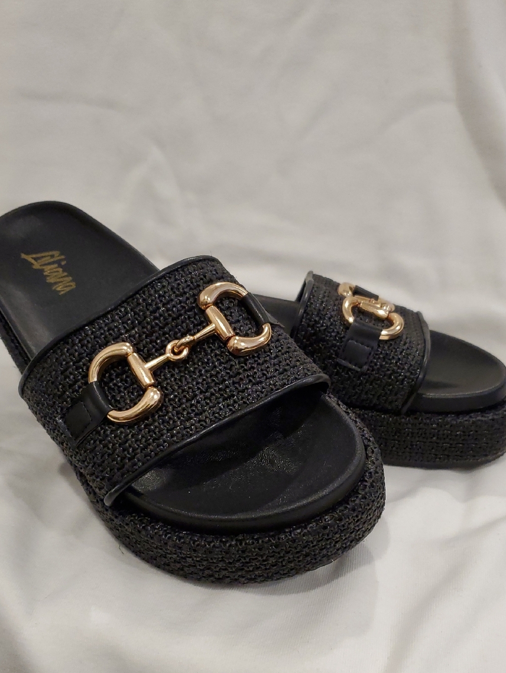 Black Slide Sandals with Gold Horsebit Detail - Women